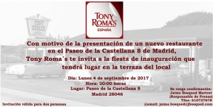 Tony Roma´s te invita a la inauguración de su nuevo restaurante en Madrid  Lunes 4 septiembre 2017